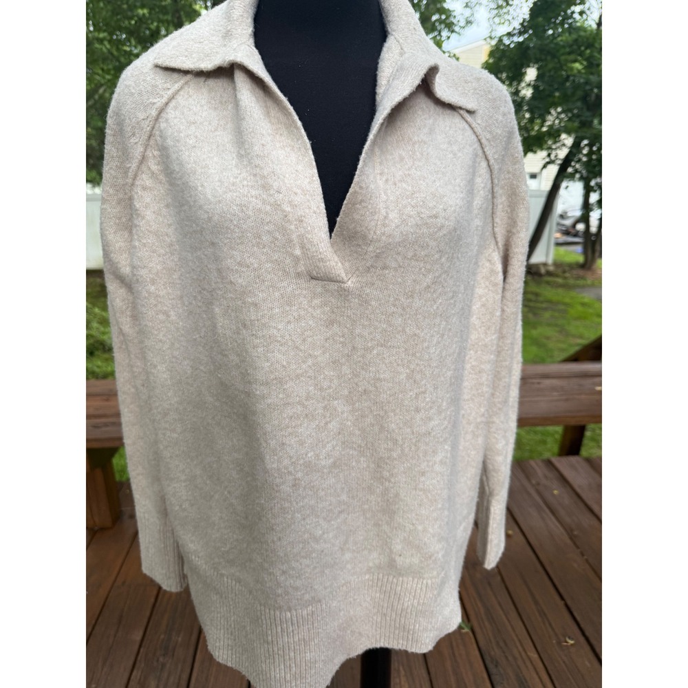Aerie Oversized V-Neck Collared Knit Sweater Oatmeal Heather Beige XXS